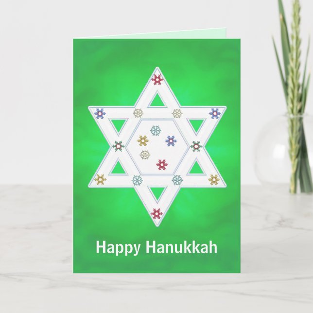 Cartão De Festividades Hanukkah Star e Snowflakes Green (Frente)