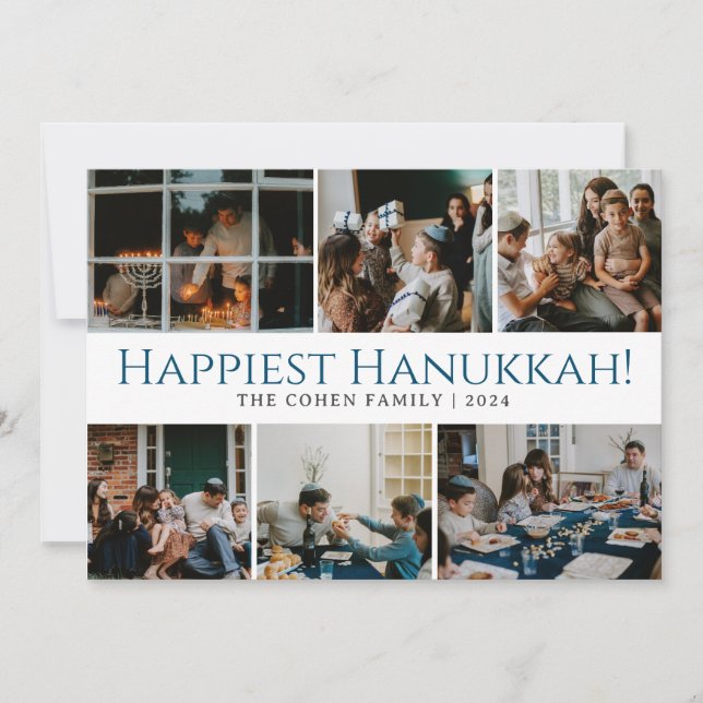Cartão De Festividades Hanukkah Typografia Foto da família azul Colagem (Frente)