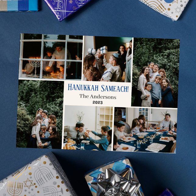 Cartão De Festividades Hanukkah Typografia Foto da família azul Colagem (Criador carregado)