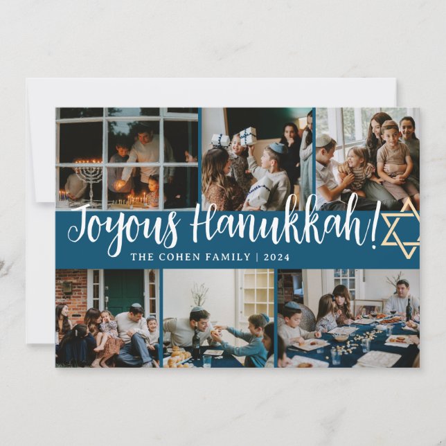 Cartão De Festividades Hanukkah Typografia Foto da família azul Colagem (Frente)