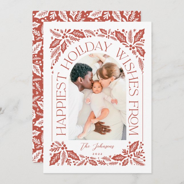 Cartão De Festividades Happiest Wish Arch Holly Berry 3 Photo Collage (Frente/Verso)