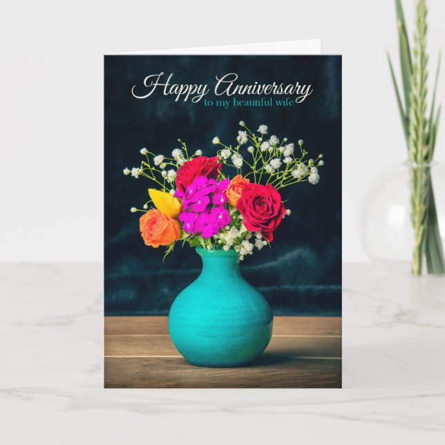 Cartão De Festividades Happy Anniversary Wife Beautiful Flowers (Frente)
