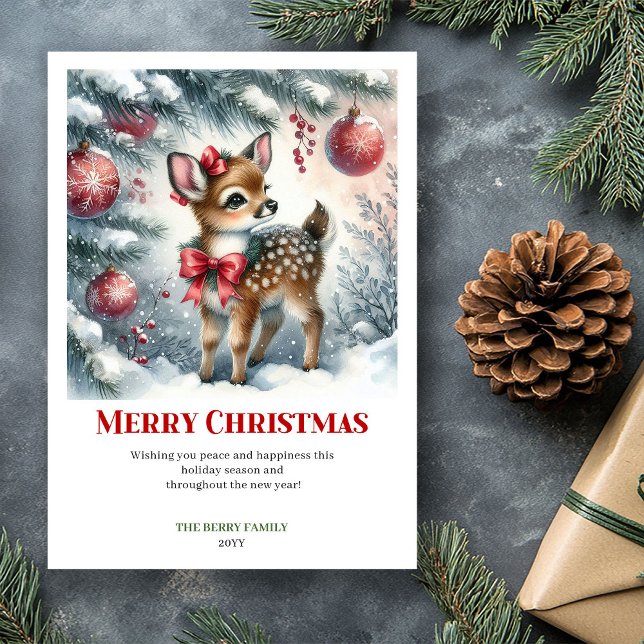 Cartão De Festividades Happy baby deer winter scene snowy forest greeting (Happy baby deer winter scene snowy forest greeting card)
