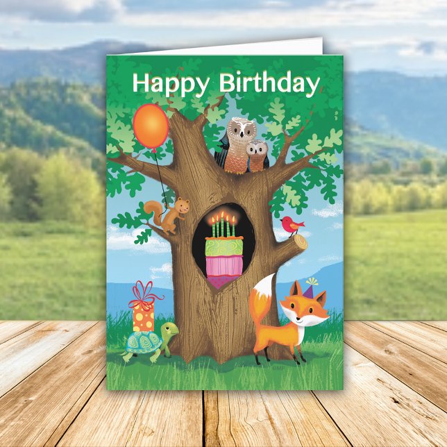 Cartão De Festividades Happy Birthday Cake Owl Turtle Squirrel Red Bird (Criador carregado)