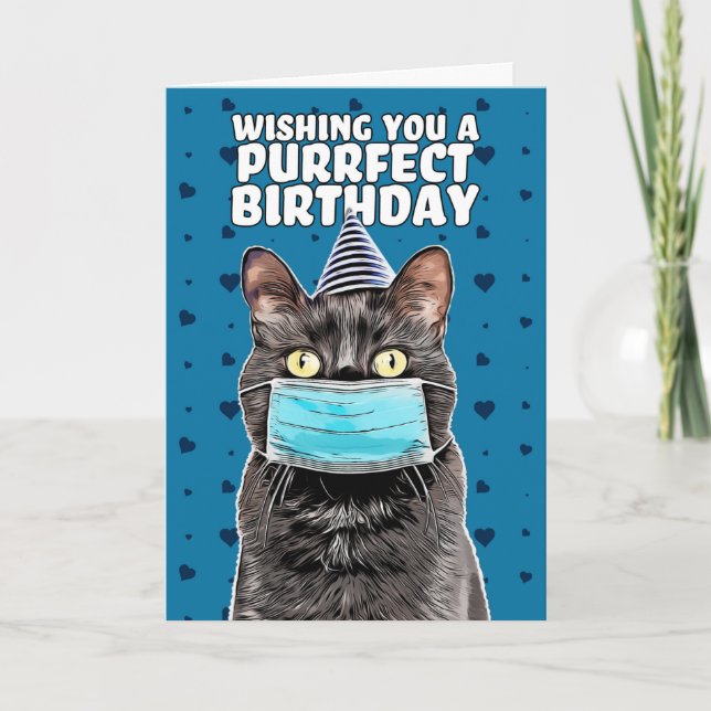 Cartão De Festividades Happy Birthday Cartoon Cat in Face Mask (Frente)