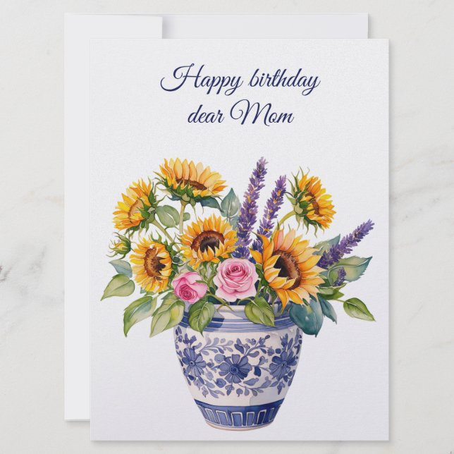 Cartão De Festividades Happy birthday dear Mom & bouquet of flowers (Frente)