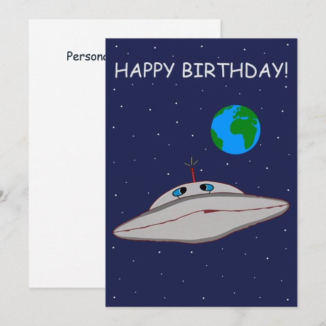 Cartão De Festividades Happy Birthday Funny Alien Spaceship Adventure   (Frente/Verso)