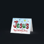 Cartão De Festividades Happy Birthday Jesus<br><div class="desc">►IMAGE: Bright red and green hand-drawn crayon Name of Jesus surrounded by happy yellow twinkle lights and joyful red hearts. This happy image sends a message of Christmas cheer. . . ►COLORS: Red, Green & Yellow Christmas colors ►TEXT: “Happy Birthday Jesus”.. . . ►Design appeals to men, women and children;...</div>