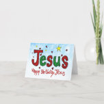 Cartão De Festividades Happy Birthday Jesus<br><div class="desc">►IMAGE: Bright red and green hand-drawn crayon Name of Jesus surrounded by happy yellow twinkle lights and joyful red hearts. This happy image sends a message of Christmas cheer. . . ►COLORS: Red, Green & Yellow Christmas colors ►TEXT: “Happy Birthday Jesus”.. . . ►Design appeals to men, women and children;...</div>
