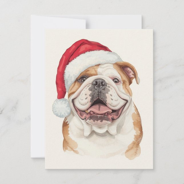 Cartão De Festividades Happy Bulldog Watercolor Santa Hat Art (Frente)