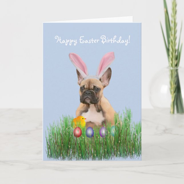Cartão De Festividades Happy Easter Birthday  French Bulldog card (Frente)