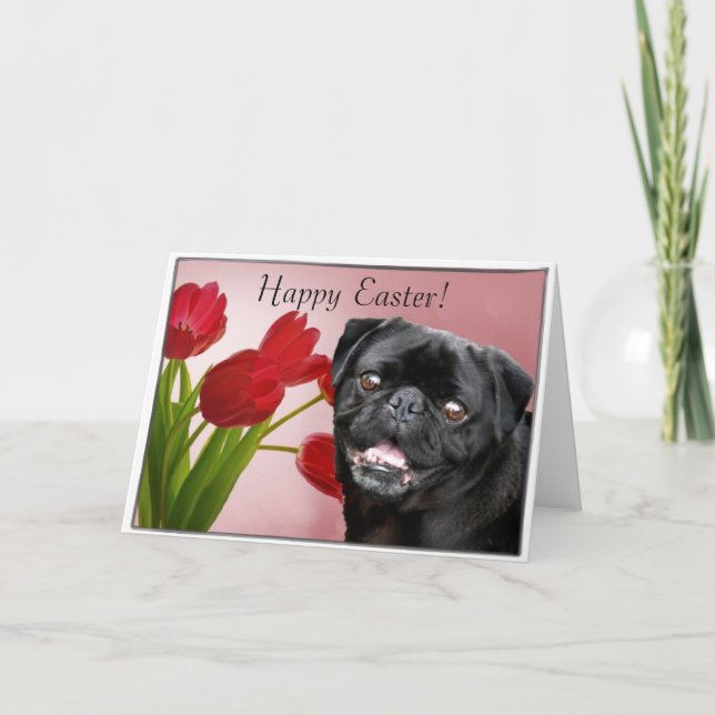 Cartão De Festividades Happy Easter Black pug dog greeting card (Frente)