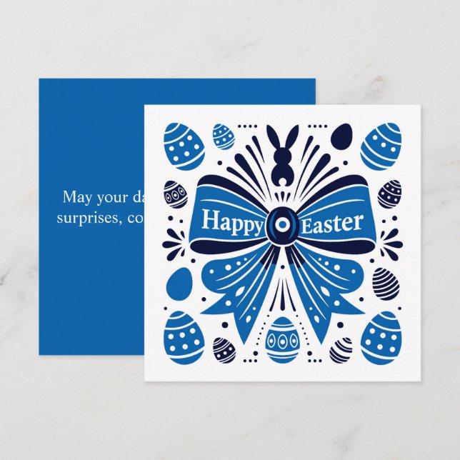 Cartão De Festividades Happy Easter Blue Bow Folk Art Bunny & Eggs Spring (Frente/Verso)