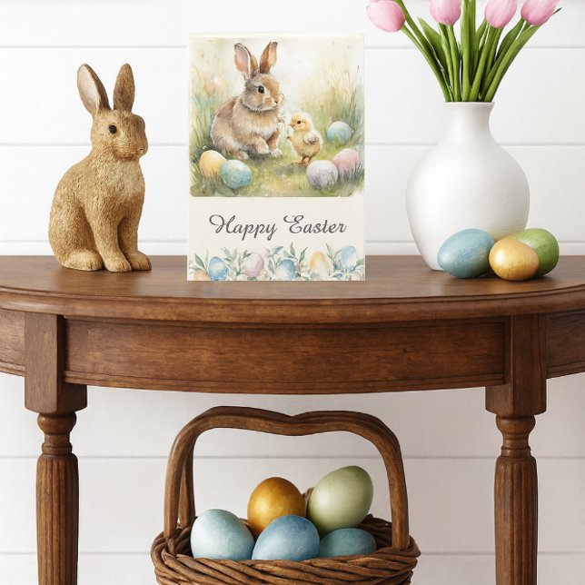 Cartão De Festividades Happy Easter Bunny & Chick Folded Holiday Card (Easter card with bunny and chick, pastel eggs, tulips, and spring art in foyer mockup.)