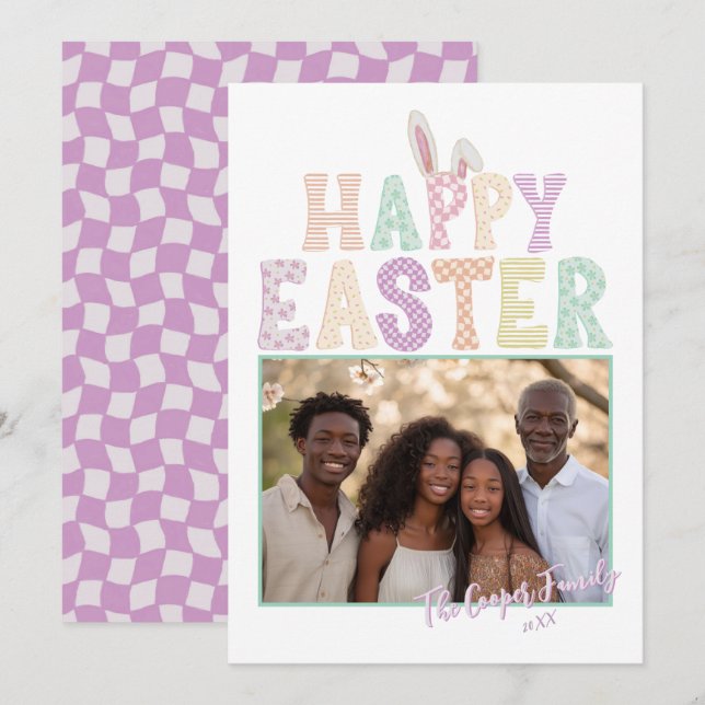Cartão De Festividades Happy Easter Bunny Ears Modern Typography Photo  (Frente/Verso)