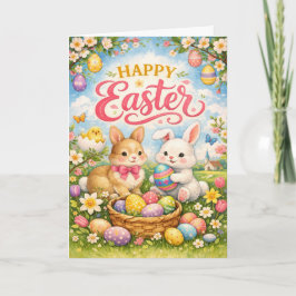 Cartão De Festividades Happy Easter Bunny Eggs Garden