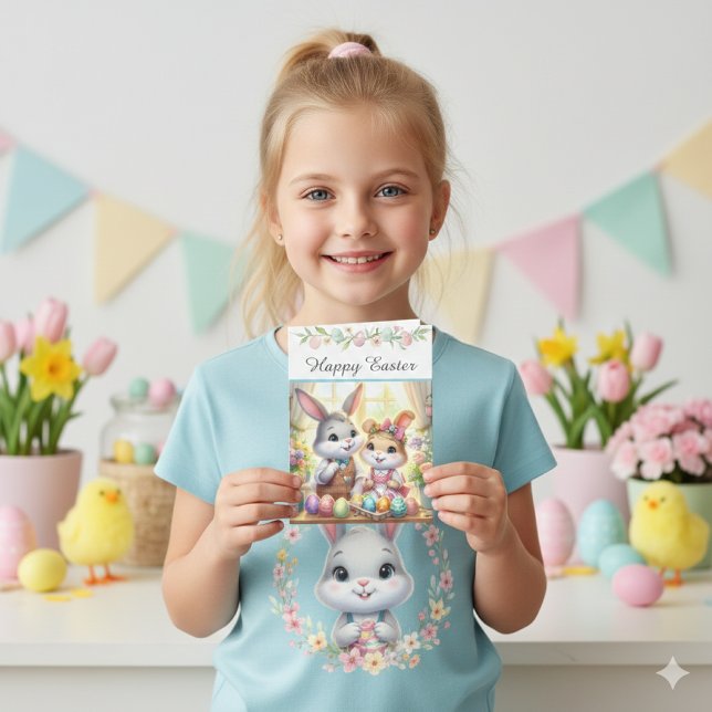 Cartão De Festividades Happy Easter Bunny & Eggs Greeting  (Criador carregado)