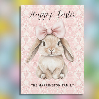 Cartão De Festividades Happy Easter Bunny with Bow on Pink Damask