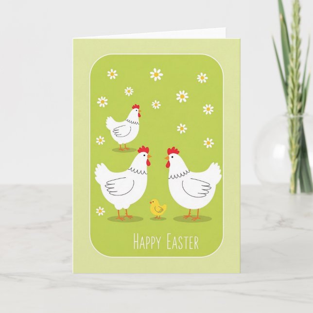 Cartão De Festividades Happy Easter Card With White Hens and Yellow Chick (Frente)