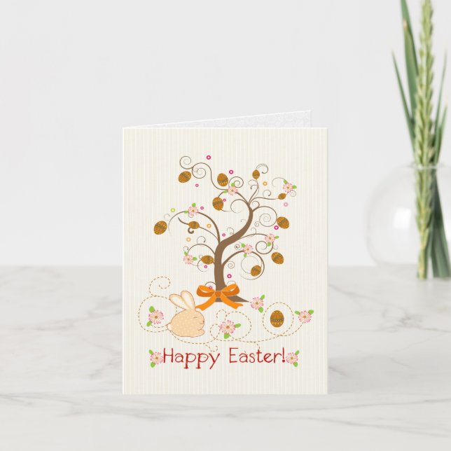 Cartão De Festividades Happy Easter Cartoon Tree Eggs & A Bunny (Frente)