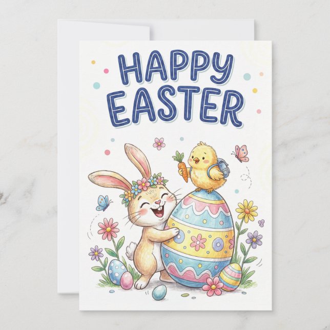 Cartão De Festividades Happy Easter Cute Bunny and Chick Card (Frente)