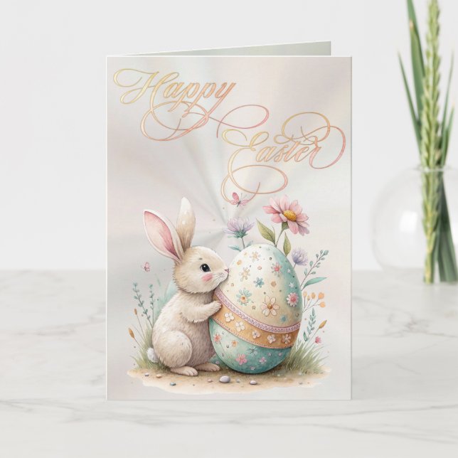 Cartão De Festividades Happy Easter Cute Bunny & Egg Pastel Floral (Frente)