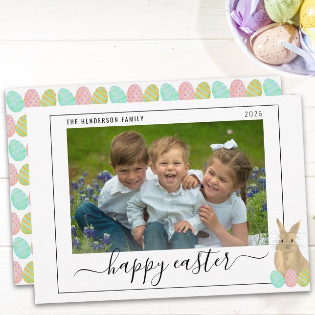 Cartão De Festividades Happy Easter Cute Bunny Kids Photo (Watercolor cute Easter bunny kids photo holiday flat card Whimsical elegant modern script)