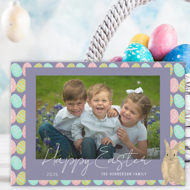 Cartão De Festividades Happy Easter Cute Bunny Photo (Watercolor cute bunny and Easter eggs photo happy Easter holiday flat greetings card)