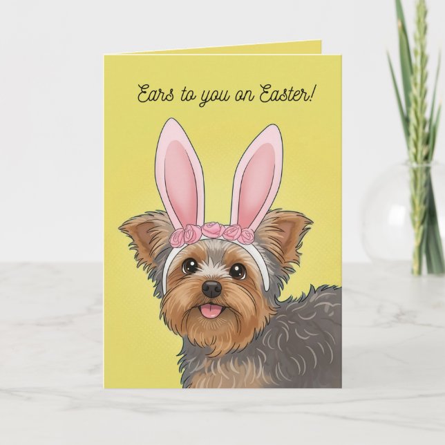 Cartão De Festividades Happy Easter Cute Yorkie Dog in Bunny Ears (Frente)