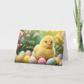 Cartão De Festividades Happy Easter Easter Baby Chick with Painted Eggs 