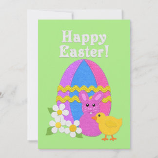 Cartão De Festividades Happy Easter Felt Look Easter Egg Bunny Chick
