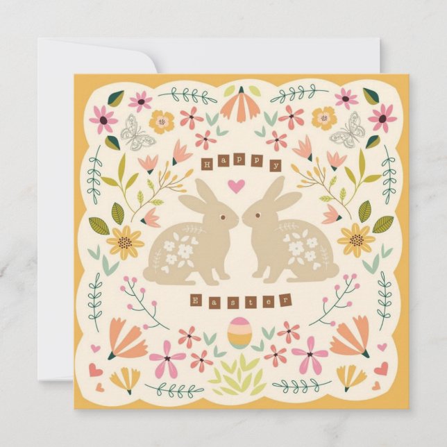 Cartão De Festividades Happy Easter Floral Bunny Card – Cute Spring Easte (Frente)