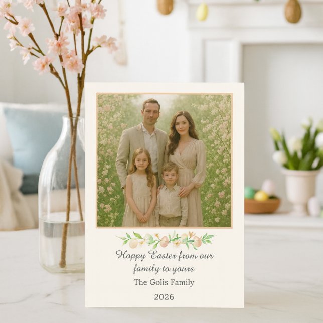Cartão De Festividades Happy Easter Floral Family Photo Flat Holiday Card (Spring light, cherry blossoms, and a heartfelt Easter wish—family joy in full bloom.)