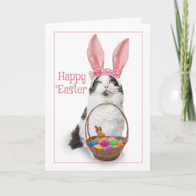 Cartão De Festividades Happy Easter For Anyone Cat in Bunny Ears (Frente)