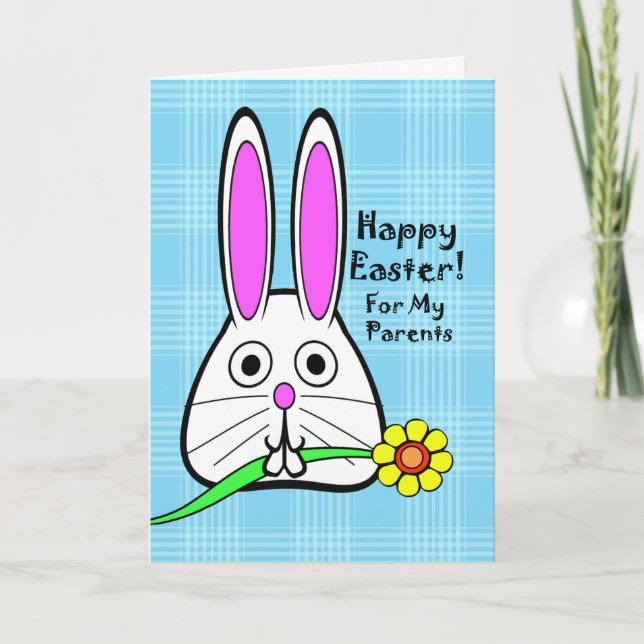 Cartão De Festividades Happy Easter for Parents, Cute Rabbit and Flower (Frente)
