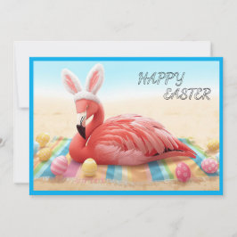 Cartão De Festividades Happy Easter from Florida Flamingo Bunny on Beach