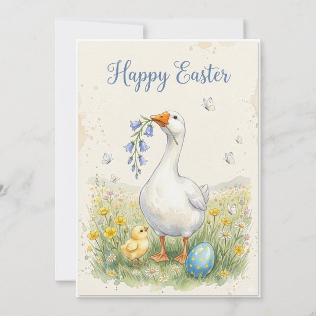Cartão De Festividades Happy Easter Goose Card | Chick & Bellflowers (Frente)