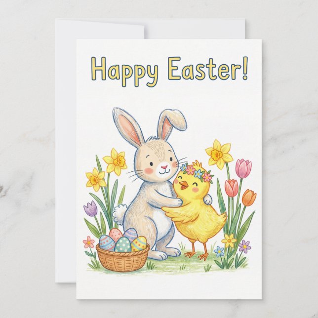 Cartão De Festividades Happy Easter Greeting Card – Cute Bunny and Chick (Frente)