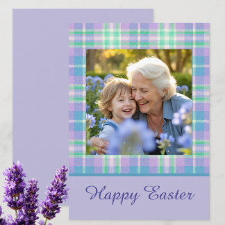 Cartão De Festividades Happy Easter Plaid One Photo Purple Blue Pastel