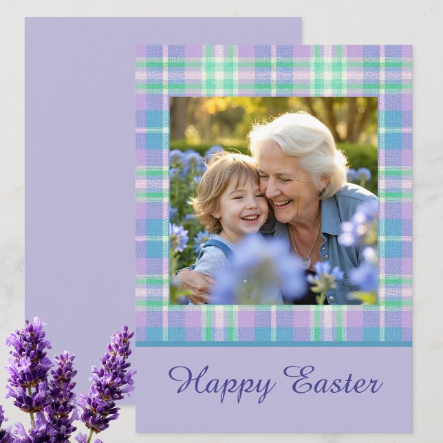 Cartão De Festividades Happy Easter Plaid One Photo Purple Blue Pastel (Criador carregado)