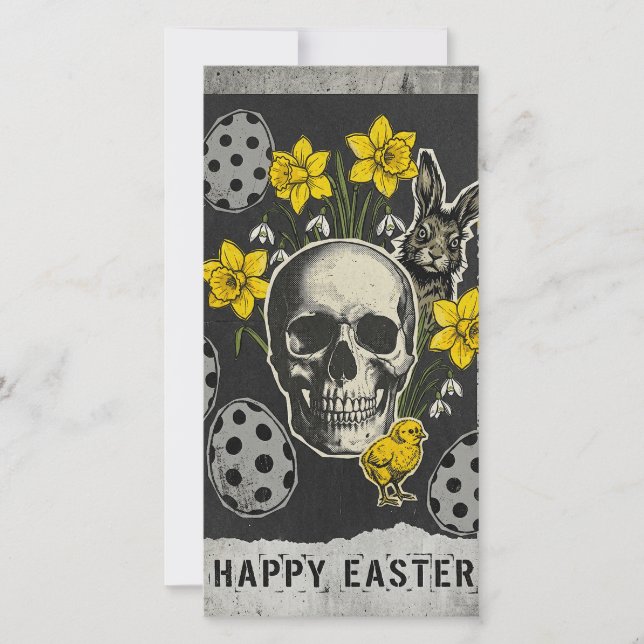 Cartão De Festividades Happy Easter Skull Card With Daffodils, Rabbit (Frente)