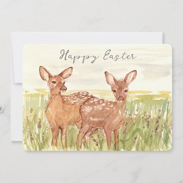 Cartão De Festividades Happy Easter Spring Fawns Deer Wildflower Field (Frente)