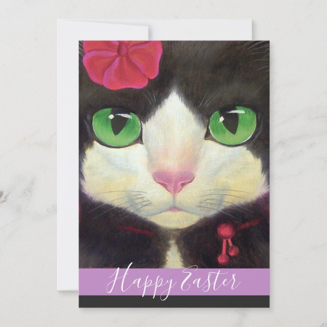 Cartão De Festividades Happy Easter Tuxedo Cat Purple Kitten Illustration (Frente)