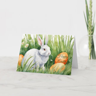 Cartão De Festividades Happy Easter Watercolor Bunny with Easter Eggs 
