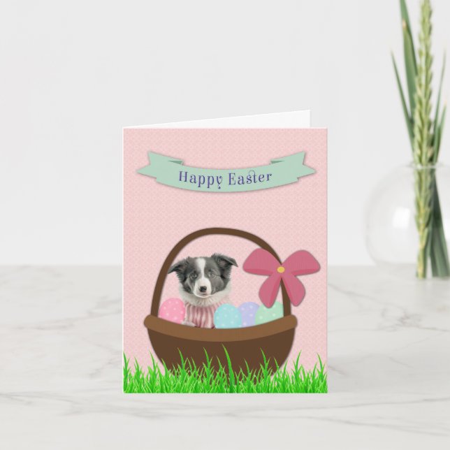 Cartão De Festividades Happy Easter with Dog in Easter Basket Card (Frente)