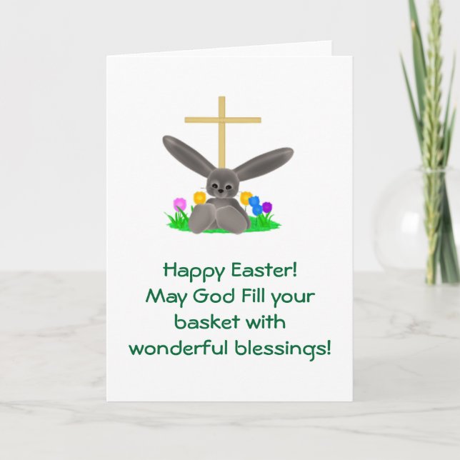 Cartão De Festividades Happy Easter with Gold cross and grey bunny card (Frente)