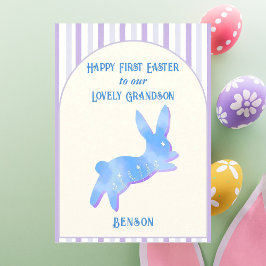 Cartão De Festividades Happy First Easter Grandson Watercolor Blue Bunny 