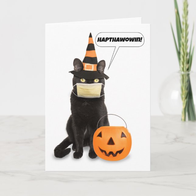Cartão De Festividades Happy Halloween Cat Talking Through Face Mask (Frente)