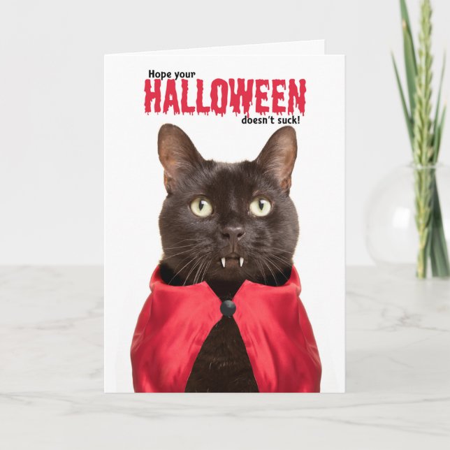 Cartão De Festividades Happy Halloween Cat Vampire Humor (Frente)