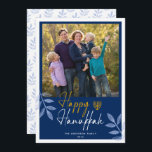 Cartão De Festividades Happy Hanukkah Dark Blue Photo Holiday<br><div class="desc">This Hanukkah greeting card features a square photo and trendy handwritten text "Happy Hanukkah" on a dark blue background. The design is accented with light blue leaves.</div>
